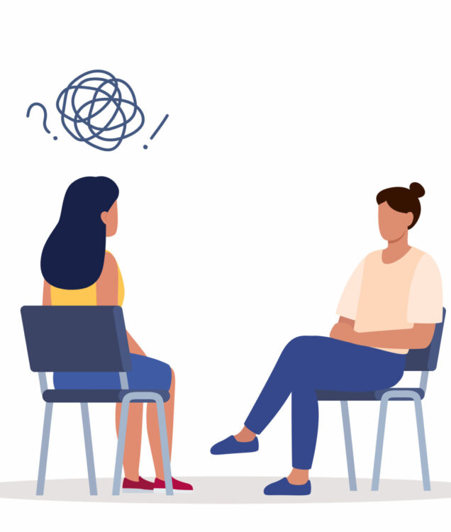 Illustration of individual therapy session in Scottsdale AZ with therapist and client seated and discussing thoughts