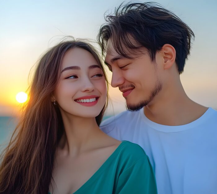 A young couple embracing and watching the sunset over the ocean A young couple embracing and watching the sunset over the ocean during their relaxing beach vacation