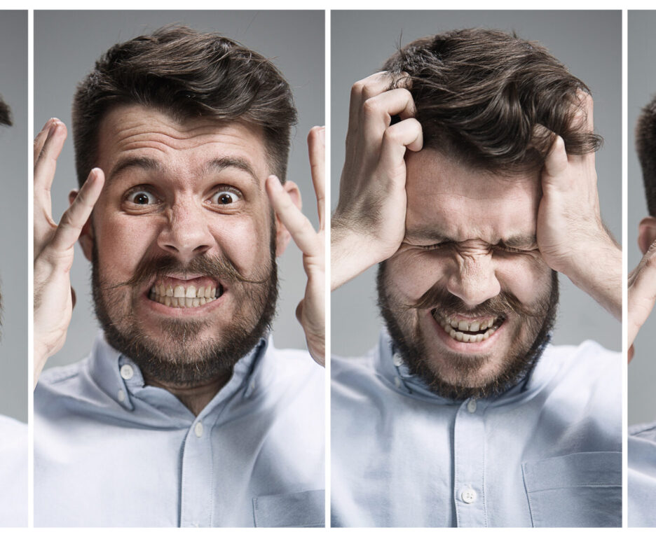 collage of a man experiencing frustration, ansiety, and emotional overwhelm representing negative though patterns treated by CBT