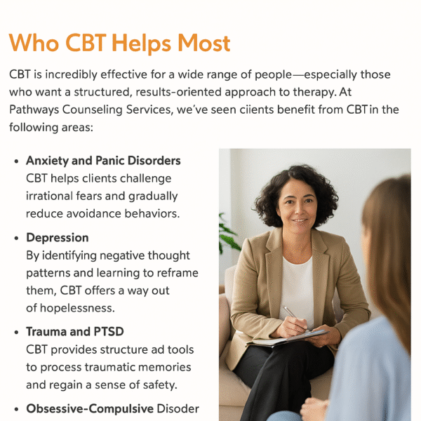 CBT therapy in Scottsdale AZ showing who Cognitive Behavioral Therapy helps including anxiety, depression, PTSD, and OCD at Pathways Counseling Services