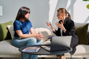 A family counseling session taking place in a warm, inviting office setting.
