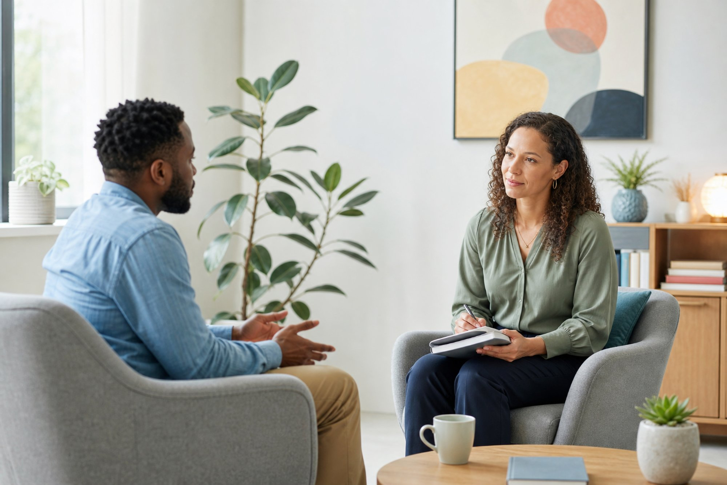 therapist with notebook in hands taking notes of patient