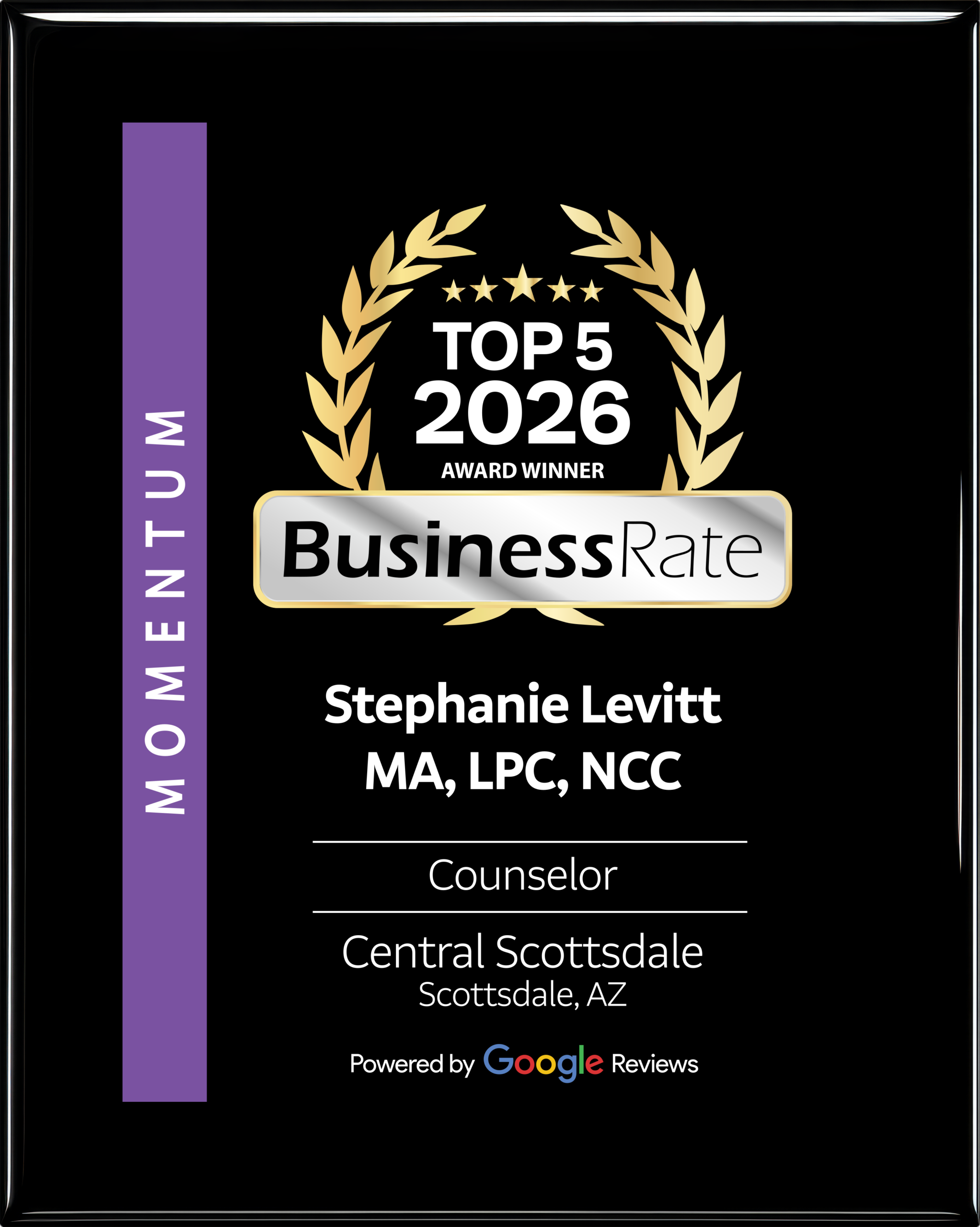 Stephanie Levitt, MA, LPC, NCC – BusinessRate Top 5 Counselor Award 2026 BusinessRate Top 5 2026 Award Winner plaque for Stephanie Levitt, MA, LPC, NCC, counselor in Central Scottsdale, AZ