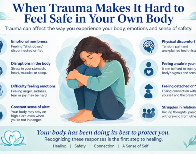 when trauma makes it hard to feel safe_pathways_Counseling_Services Infographic explaining how trauma triggers can quickly activate the brain and body, causing anxiety, fear, numbness, hypervigilance, or the urge to escape.