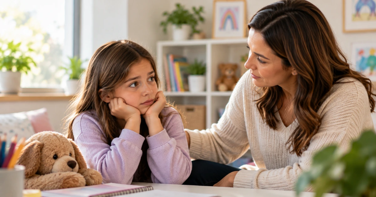 Young girl looking worried while sitting beside her mother, who offers comfort and reassurance, illustrating emotional signs of anxiety in children.