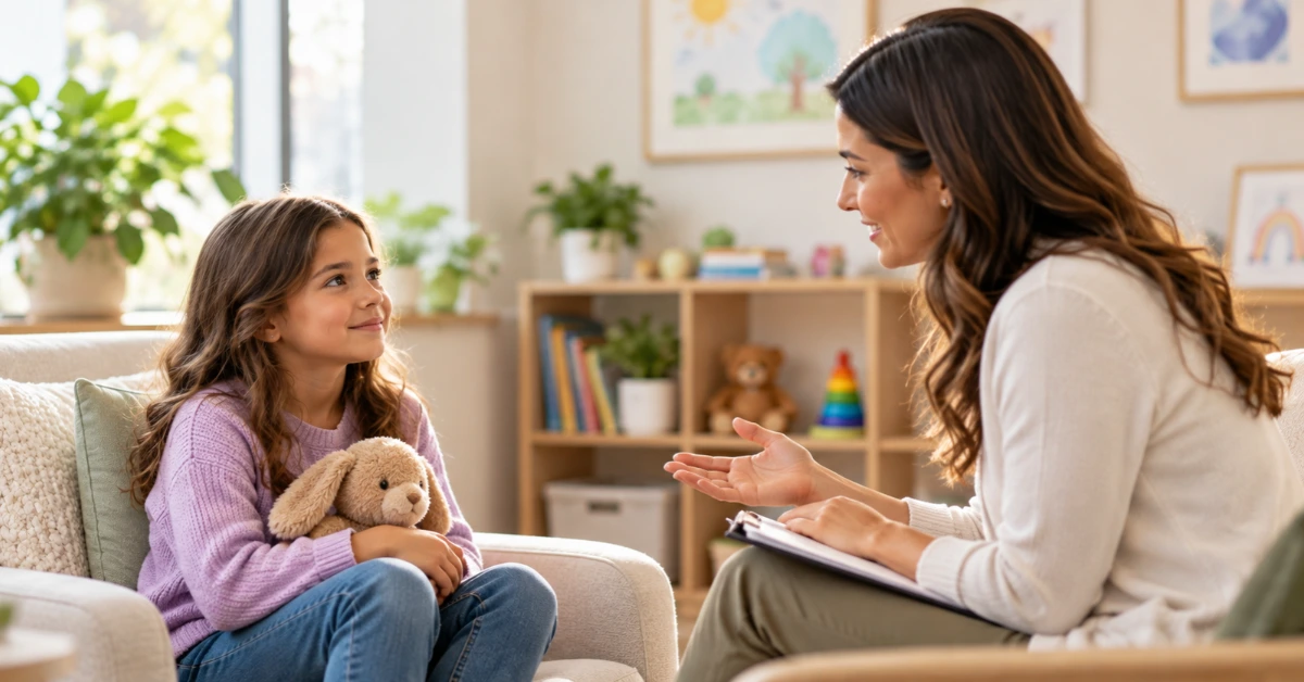 Young girl holding a stuffed animal while talking with a child therapist in a welcoming counseling room, illustrating a supportive environment for EMDR therapy for children.