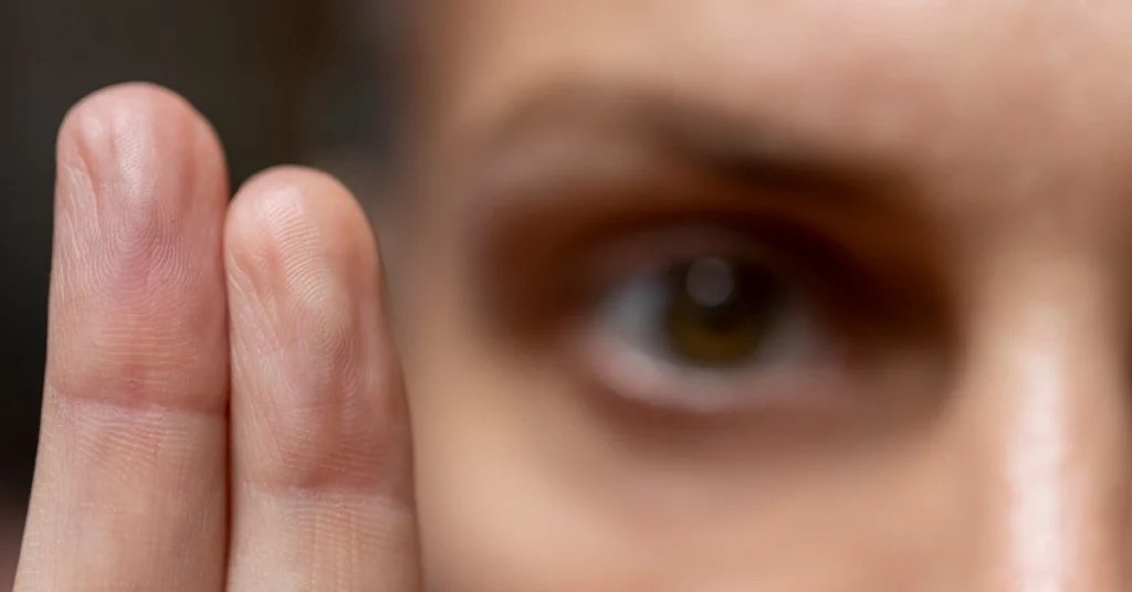 Close-up of a person following finger movements with their eyes, representing bilateral stimulation used during EMDR therapy.
