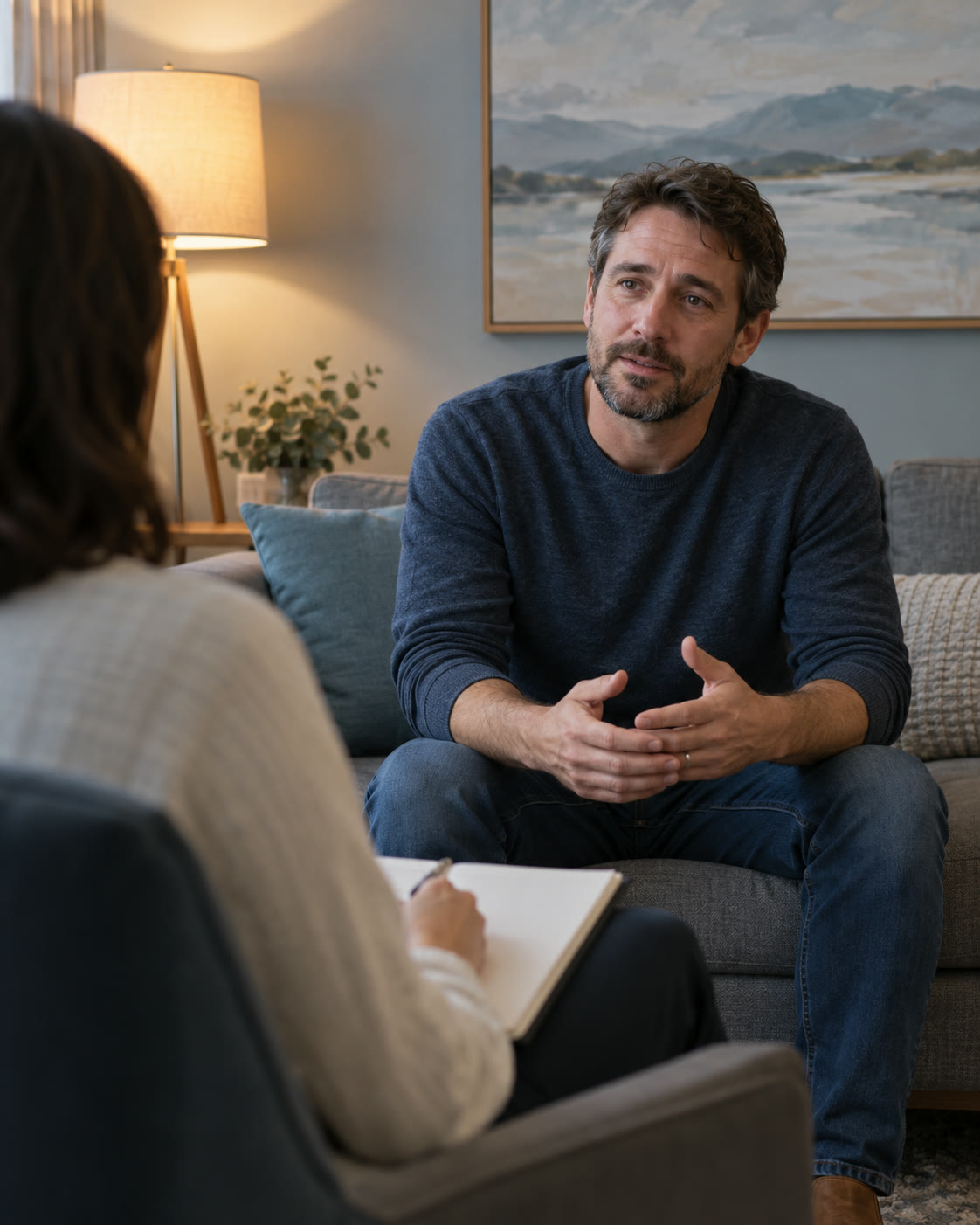A man talking with a therapist in a calm counseling room