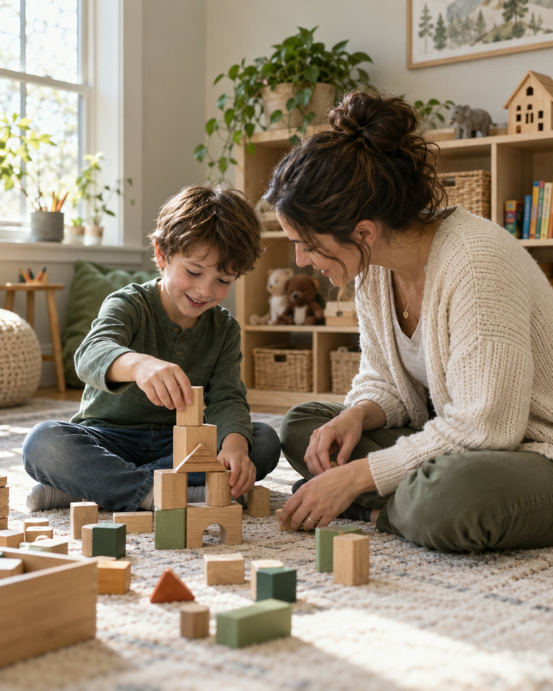 A child building with wooden blocks beside a therapist on a playroom rug